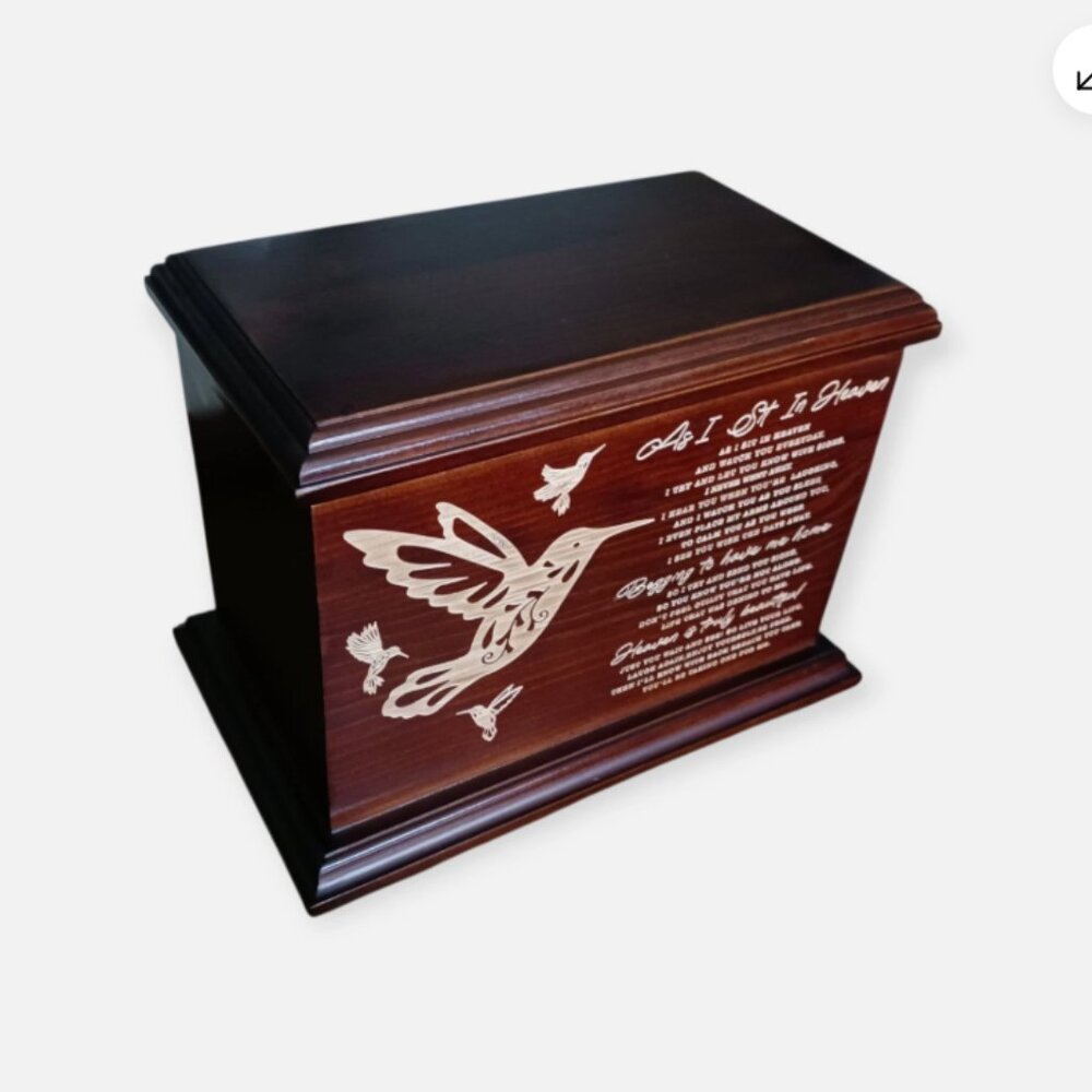 Cremation Memorial Urn Wooden Box Hummingbird Human Ashes Male / Female